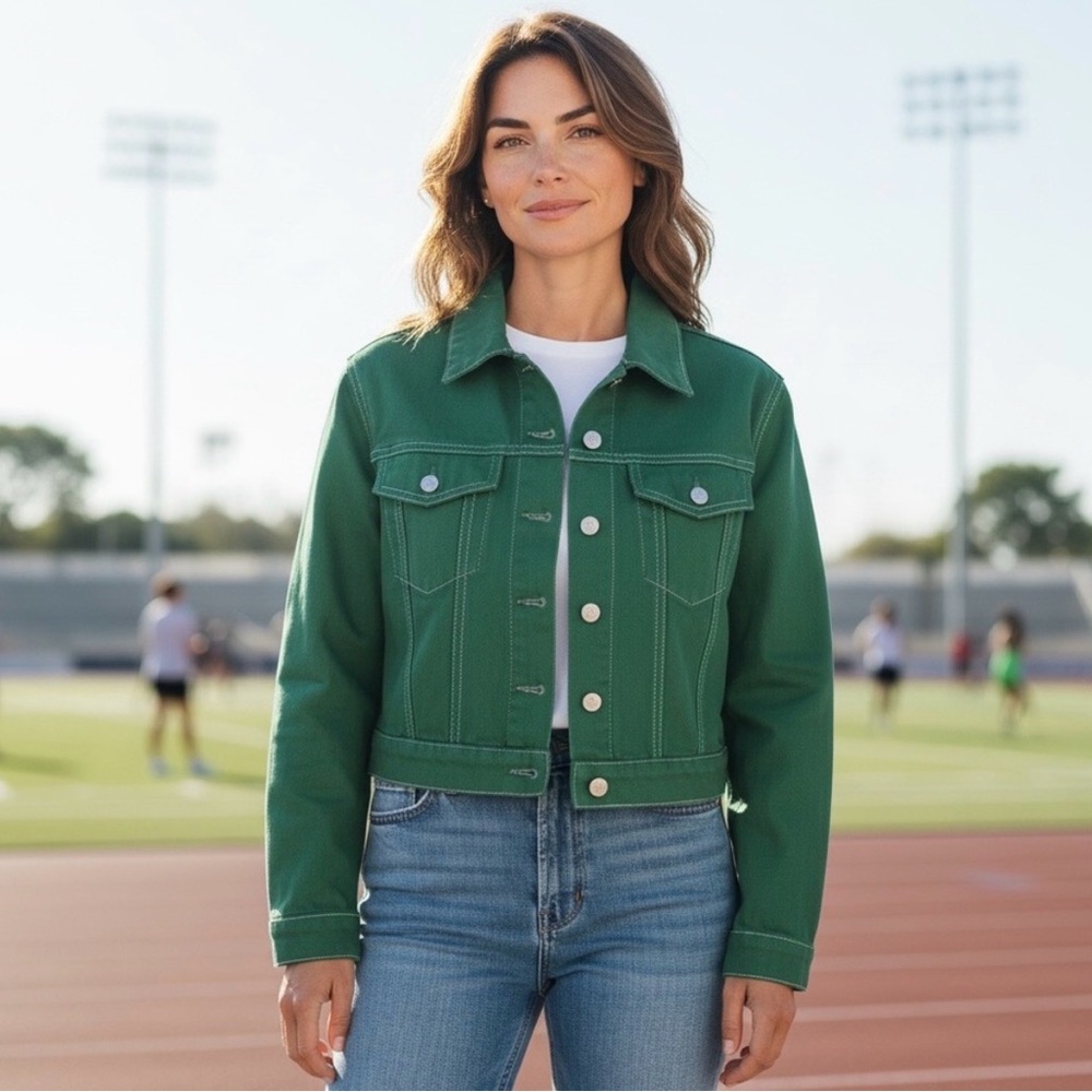 Reformation Jeans Green Cropped Denim Jacket